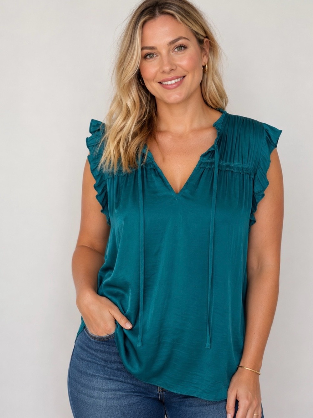 Blue Sol Teal Ruffle Sleeve V-Neck Women's Top